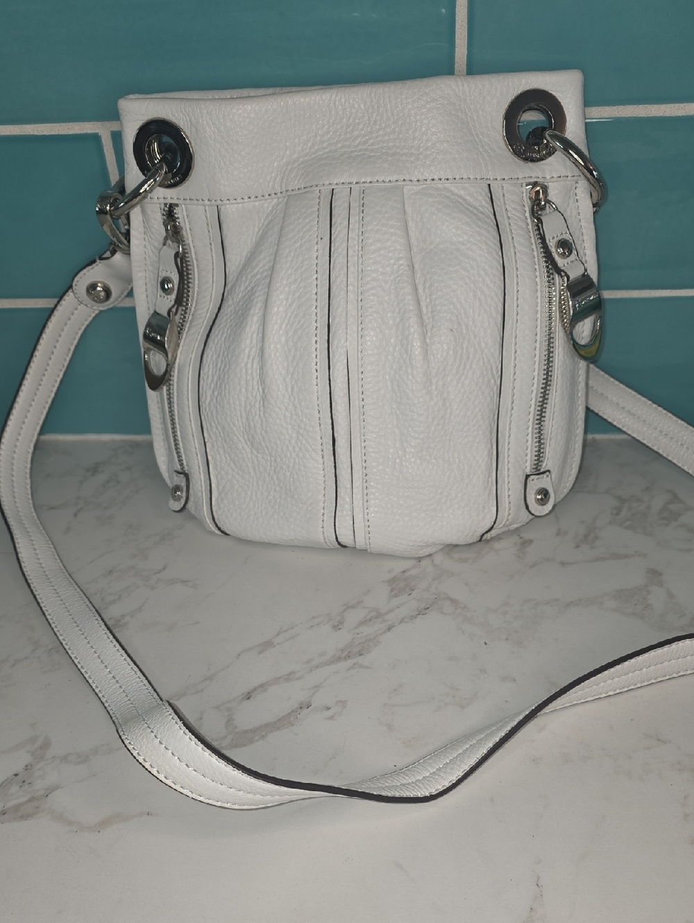 b. makowsky White Pebbled Leather Crossbody Bucket Bag